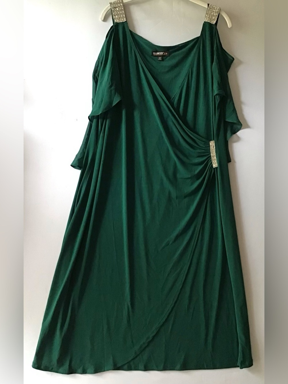 484 Glamour Emerald Green Midi Dress with Jeweled Straps
